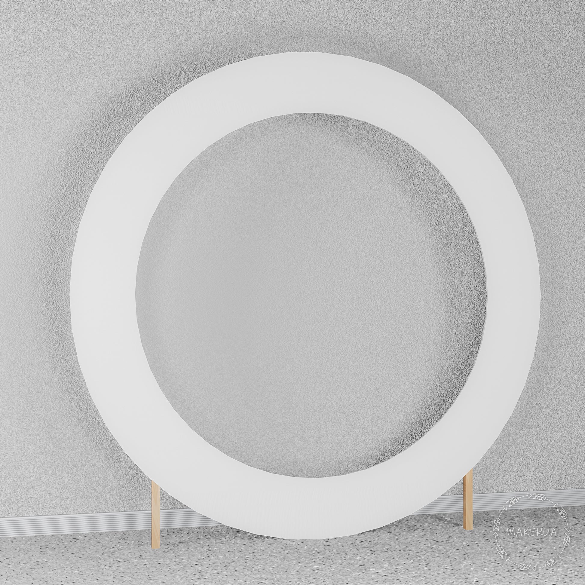 Large classic white circular hoop arch standing on wooden feet. Versatile round backdrop frame perfect for balloon garlands and floral wedding displays.