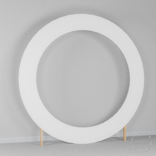 Large classic white circular hoop arch standing on wooden feet. Versatile round backdrop frame perfect for balloon garlands and floral wedding displays.