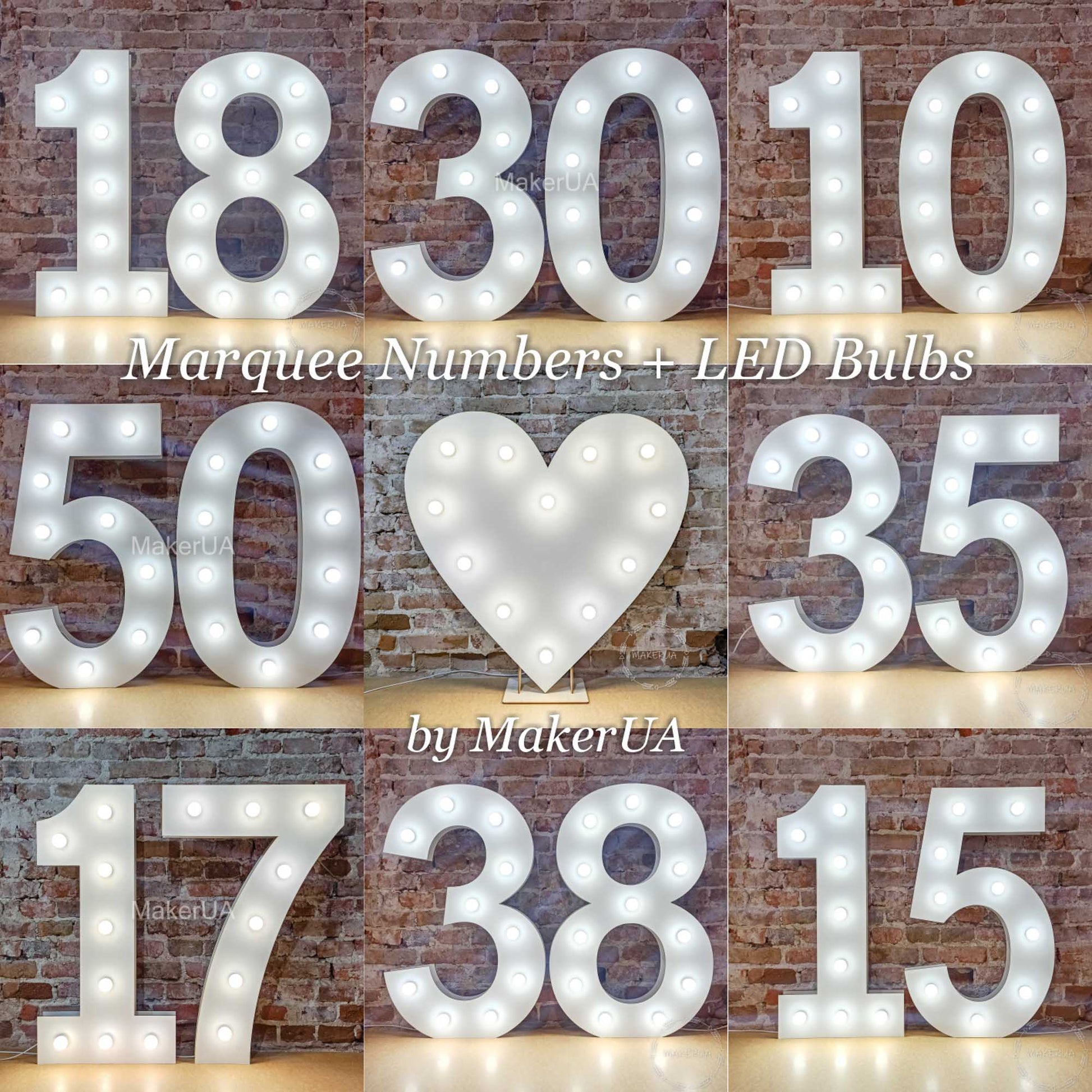 Numbers 0-9 1m 3.3ft + Lamps light up marquee letters led neon sign backdrop birthday decoration large giant huge party props decor NHW - MakerUA