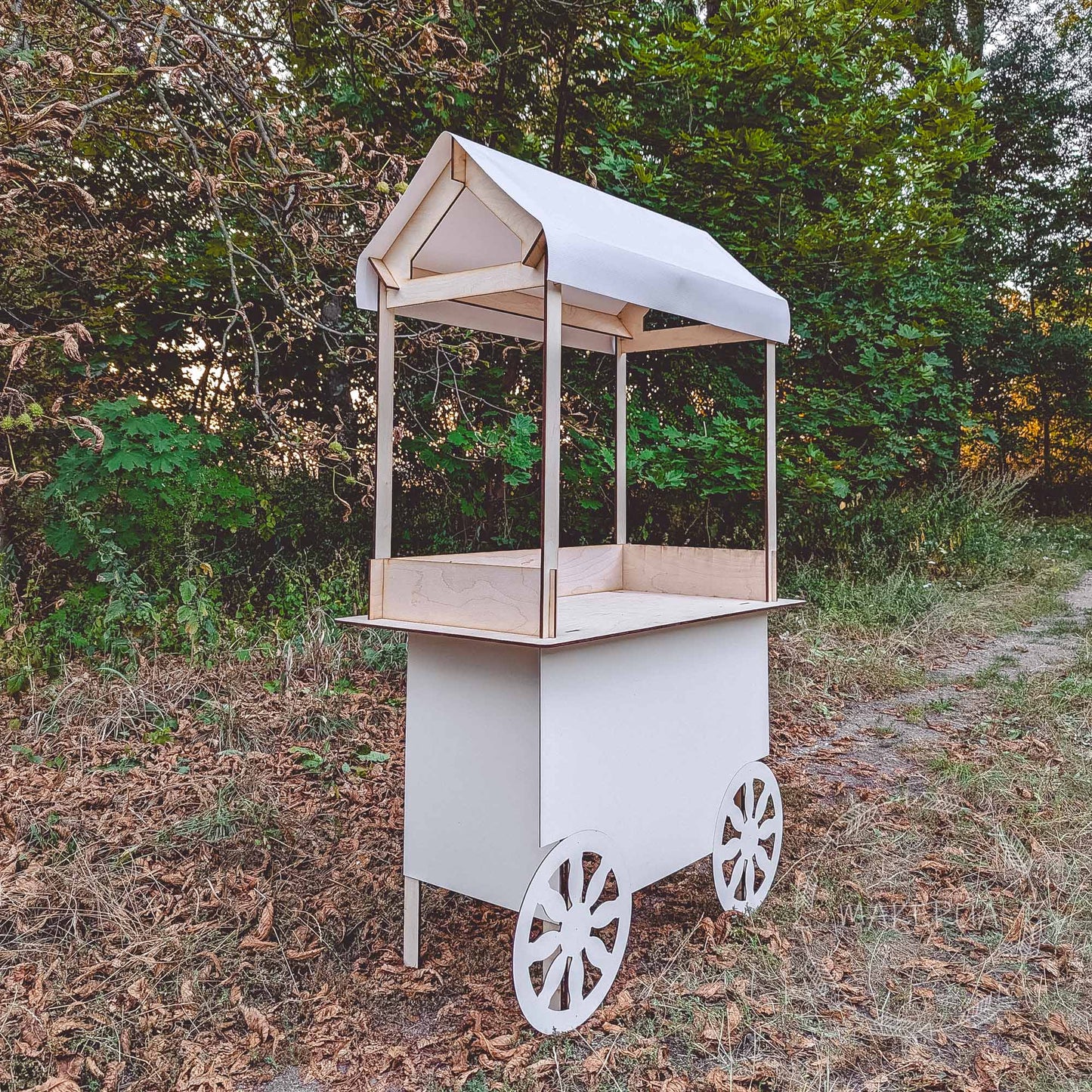 White Wooden Cart stand display wedding birthday product display stand food catering event festival christmas market wheels bar party decor