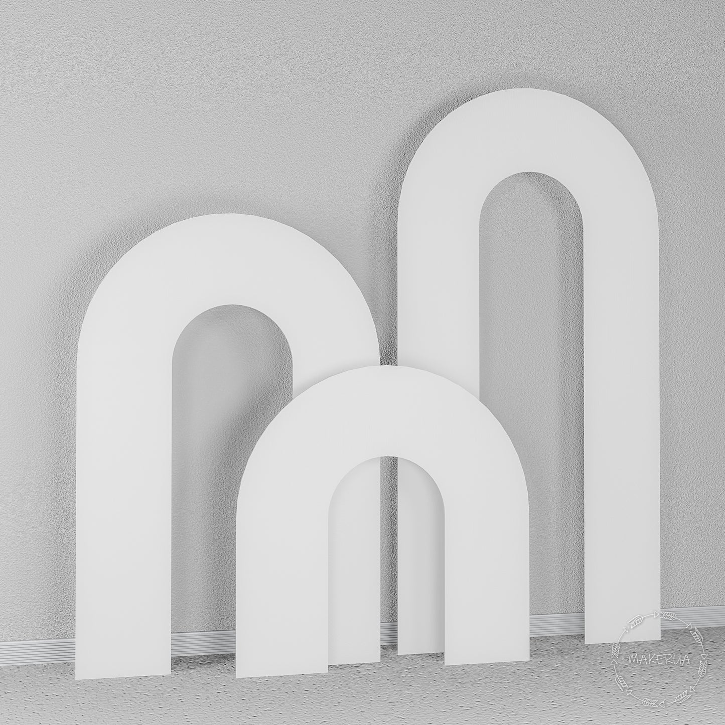 Set of three classic U-shaped white wooden arches. Elegant curved backdrop for weddings, baby showers, and birthday party photo zones.