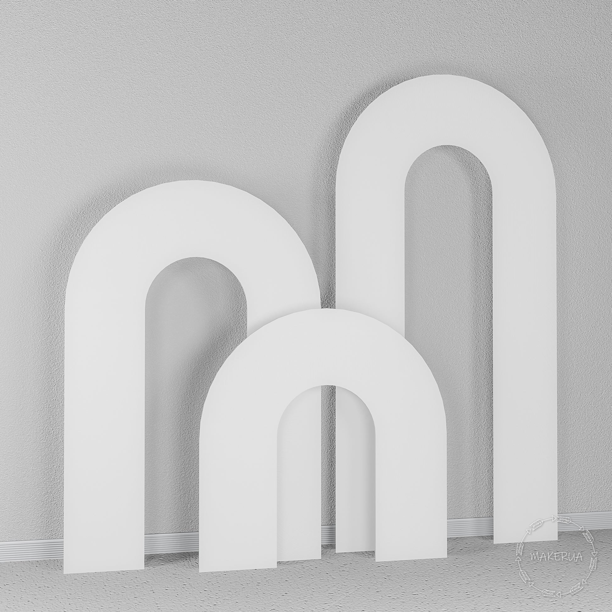 Set of three classic U-shaped white wooden arches. Elegant curved backdrop for weddings, baby showers, and birthday party photo zones.
