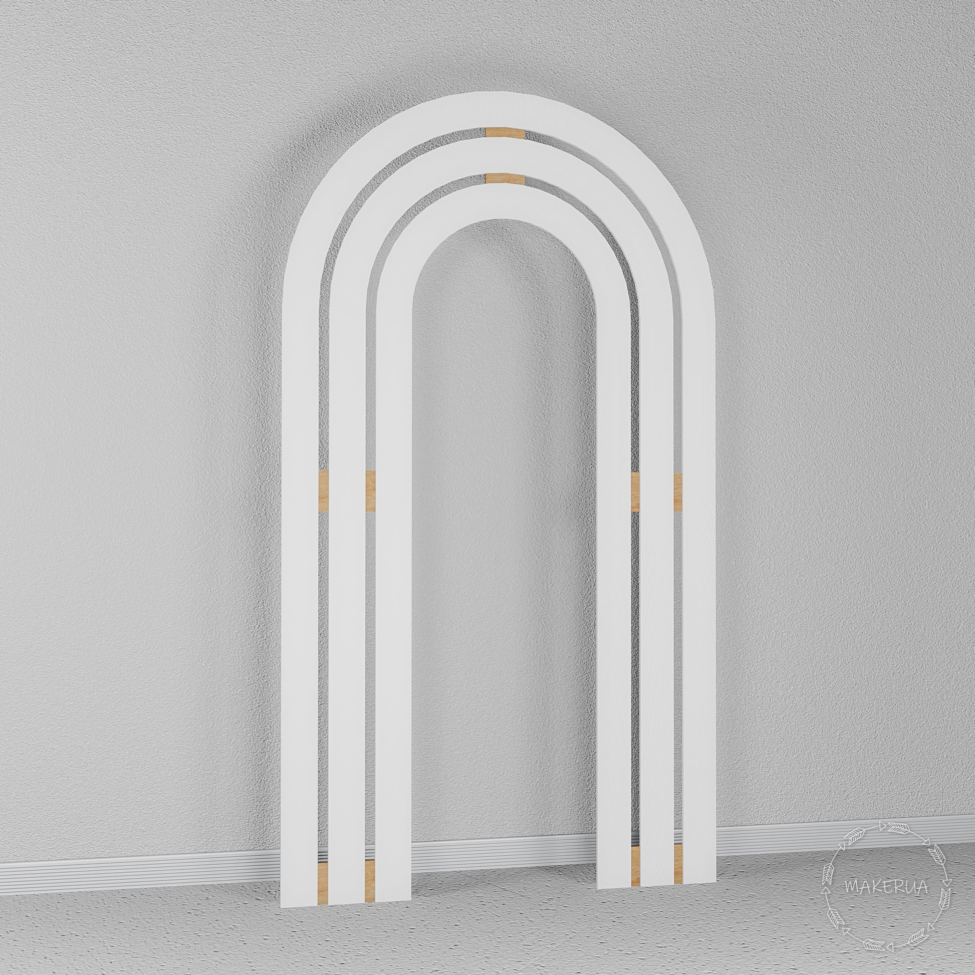 Set of three nested white U-shaped open arches featuring elegant gold joint details. Trendy curved backdrop for boho weddings and stylish event photo booths.