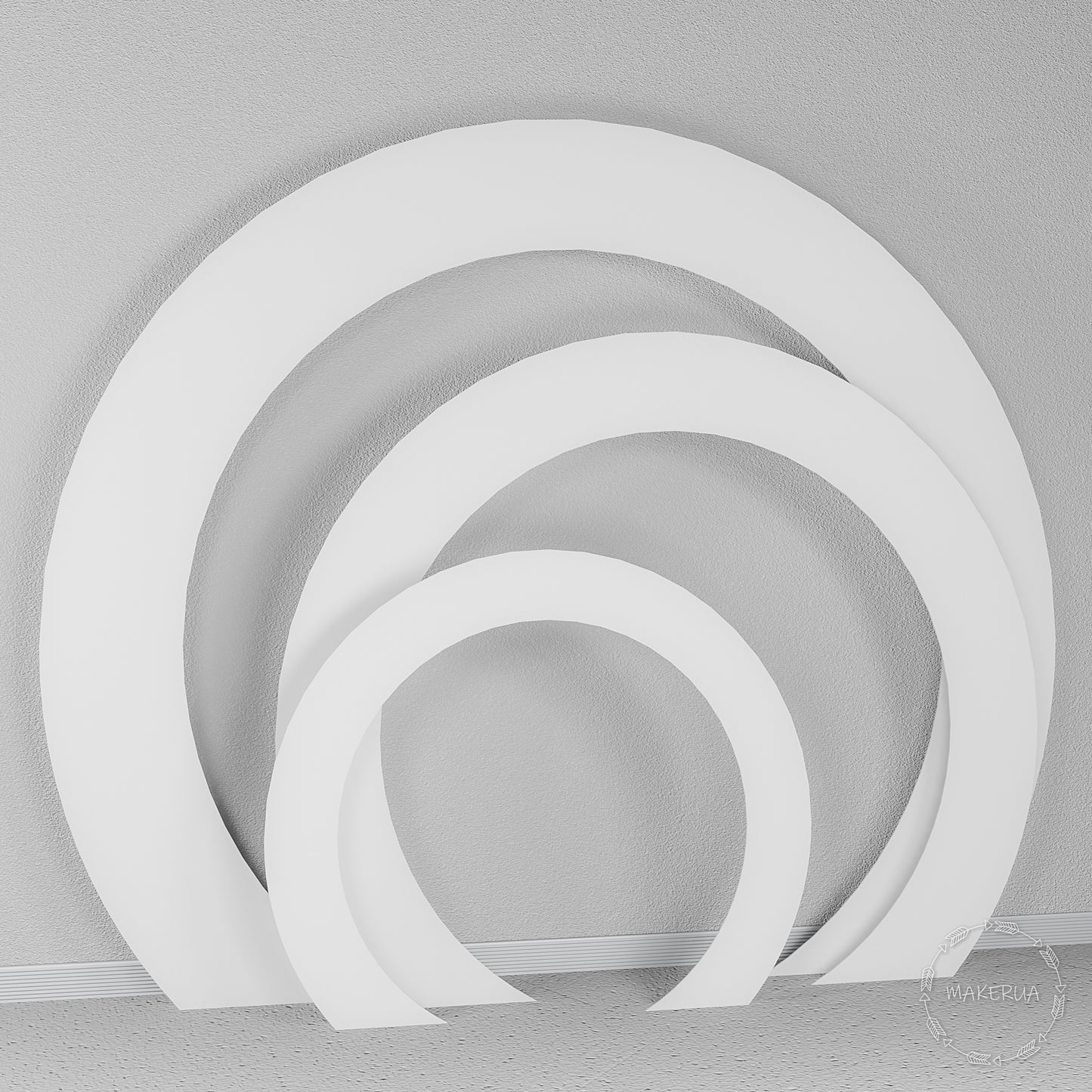 Set of three open white circular arches. Modern round geometric backdrop for elegant wedding ceremonies and contemporary event photo booths.