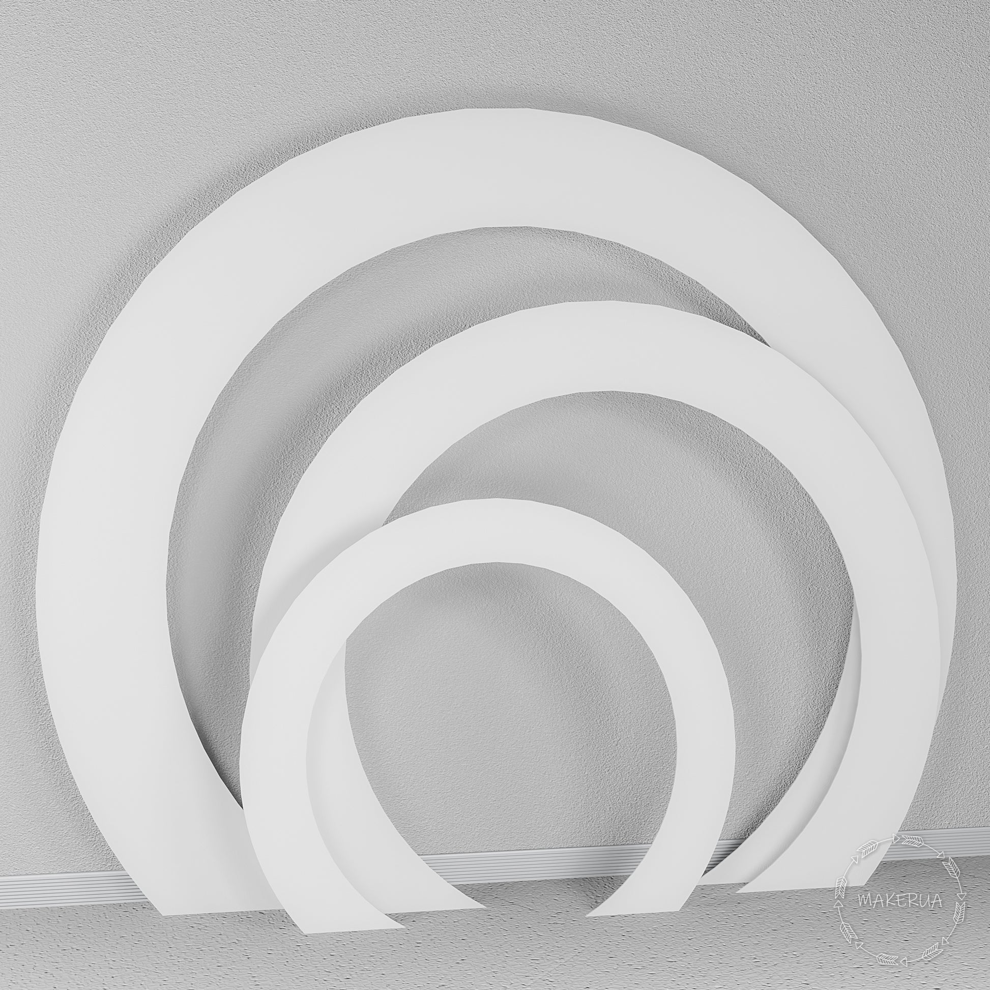 Set of three open white circular arches. Modern round geometric backdrop for elegant wedding ceremonies and contemporary event photo booths.