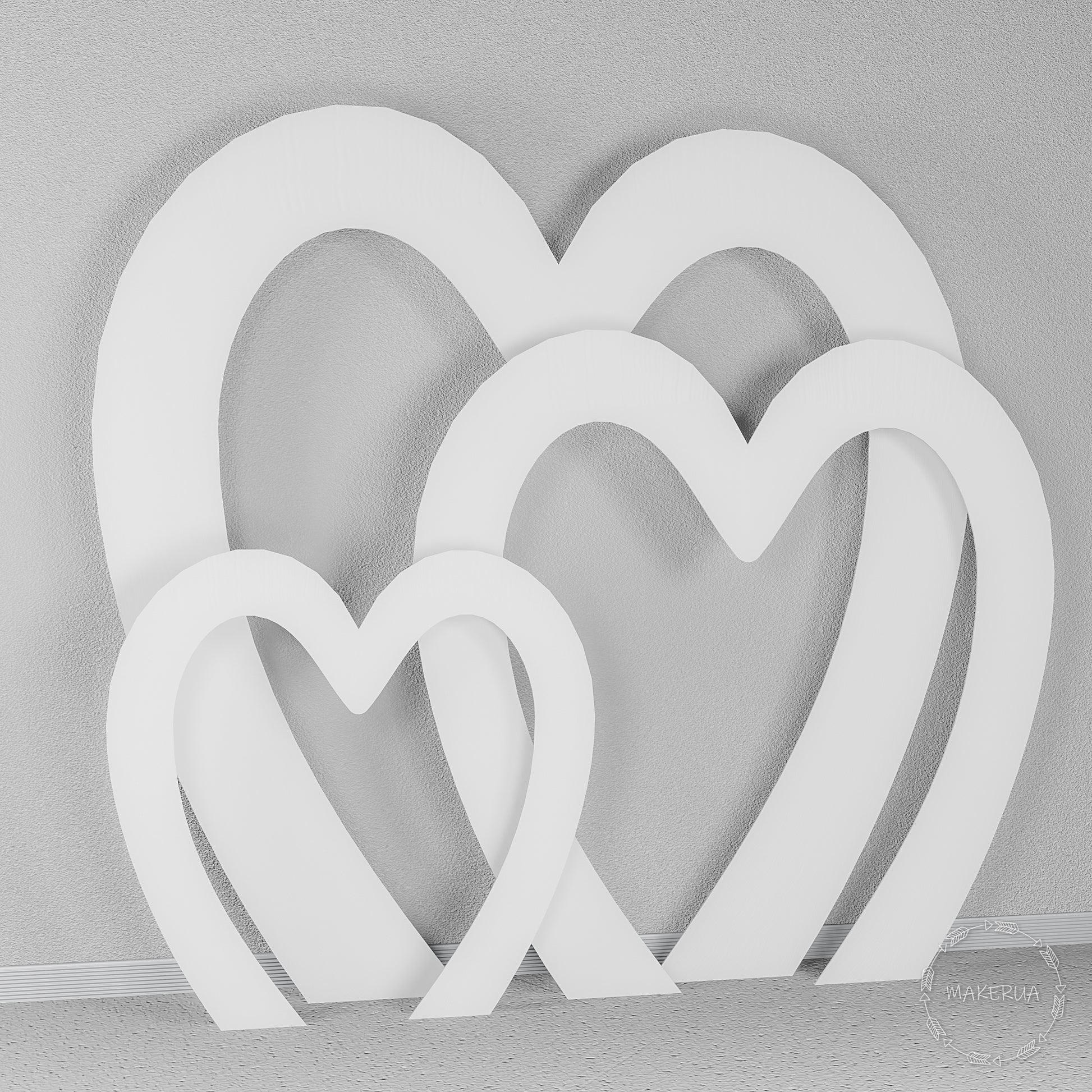 Set of three open white heart-shaped arches. Romantic photo backdrop for Valentine's events, weddings, anniversaries, and bridal showers.