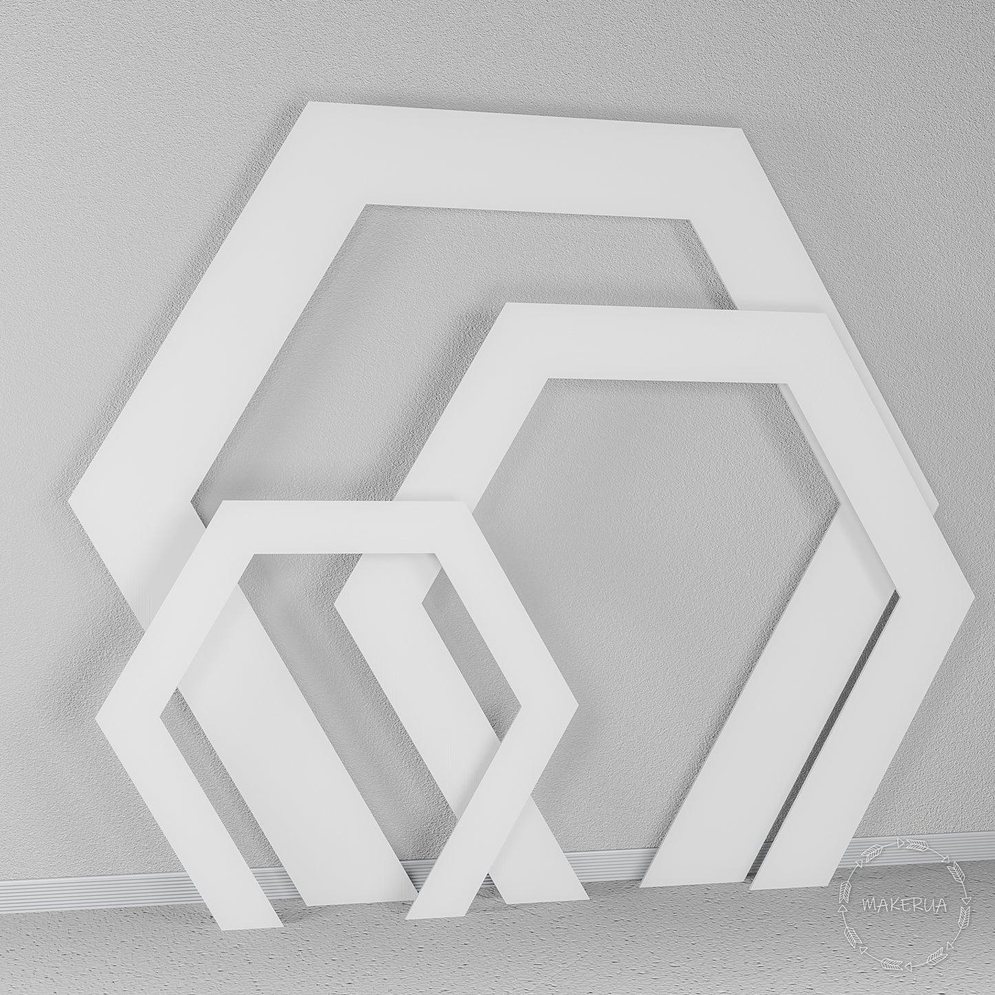 Set of three open white hexagonal frames. Trendy geometric honeycomb backdrop for modern weddings, baby showers, and corporate events.