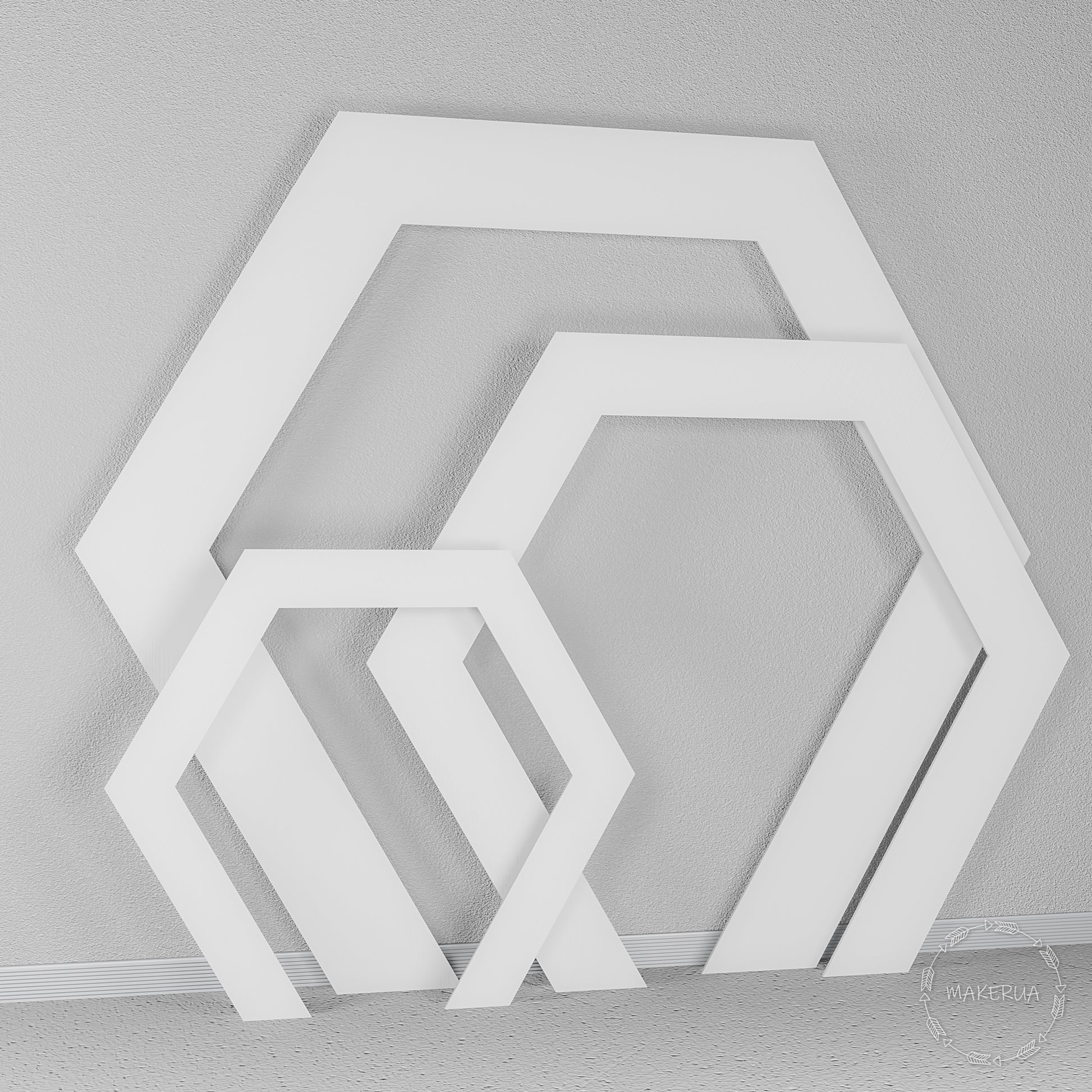 Set of three open white hexagonal frames. Trendy geometric honeycomb backdrop for modern weddings, baby showers, and corporate events.