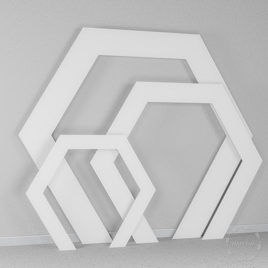 Set of three open white hexagonal frames. Trendy geometric honeycomb backdrop for modern weddings, baby showers, and corporate events.