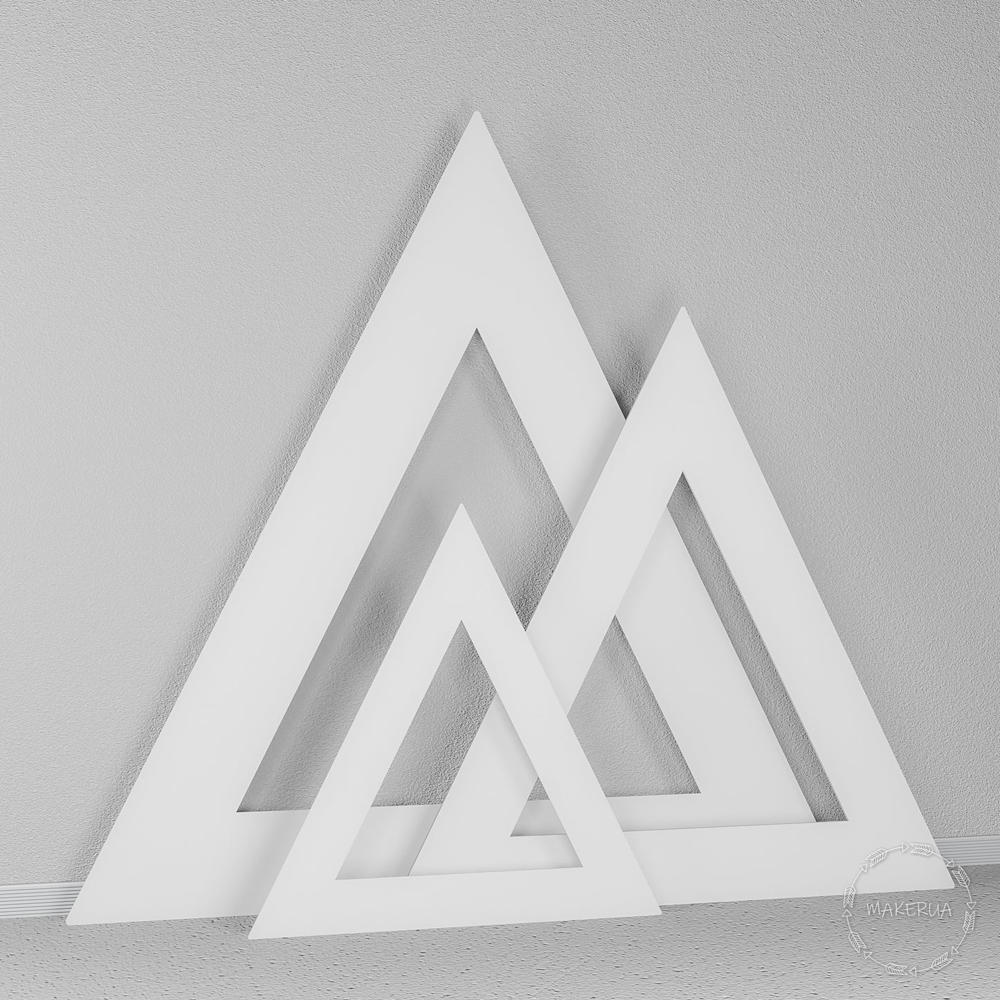 Set of three open white triangular A-frames. Minimalist geometric backdrop ideal for boho chic weddings and modern event photography.