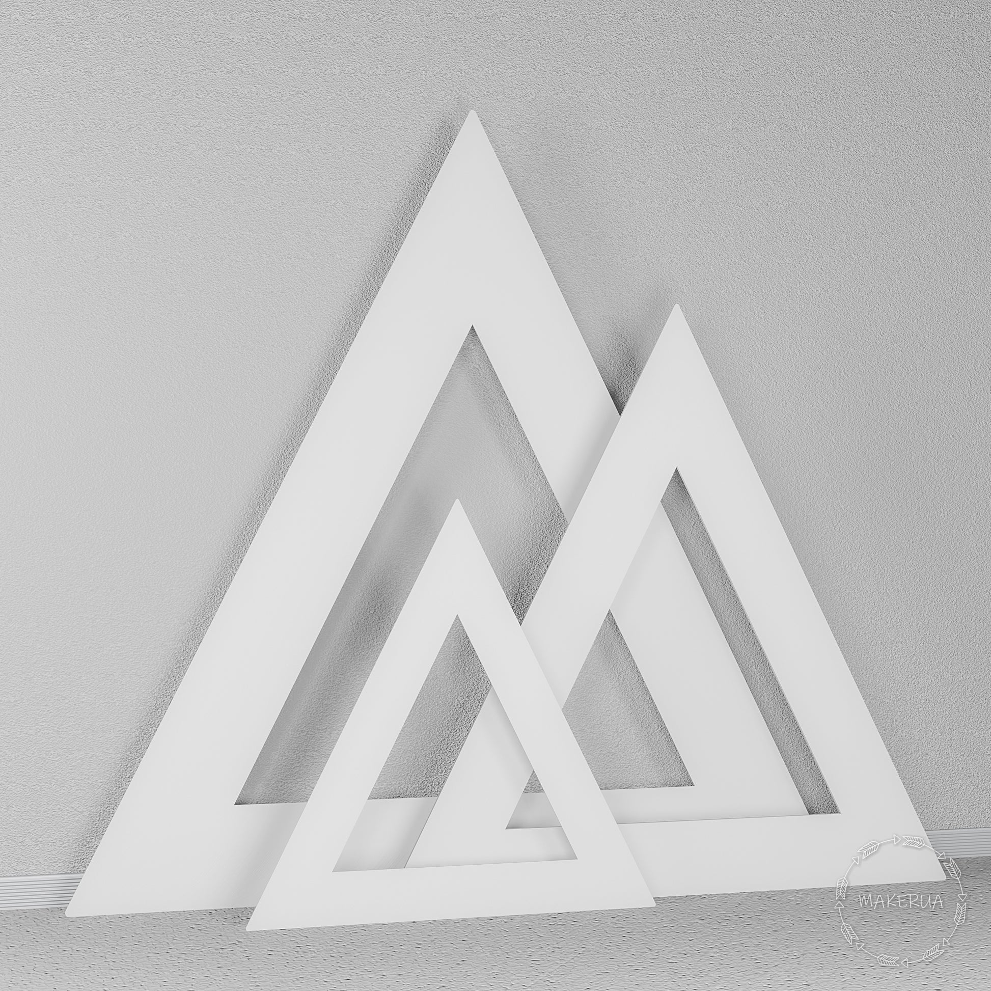 Set of three open white triangular A-frames. Minimalist geometric backdrop ideal for boho chic weddings and modern event photography.
