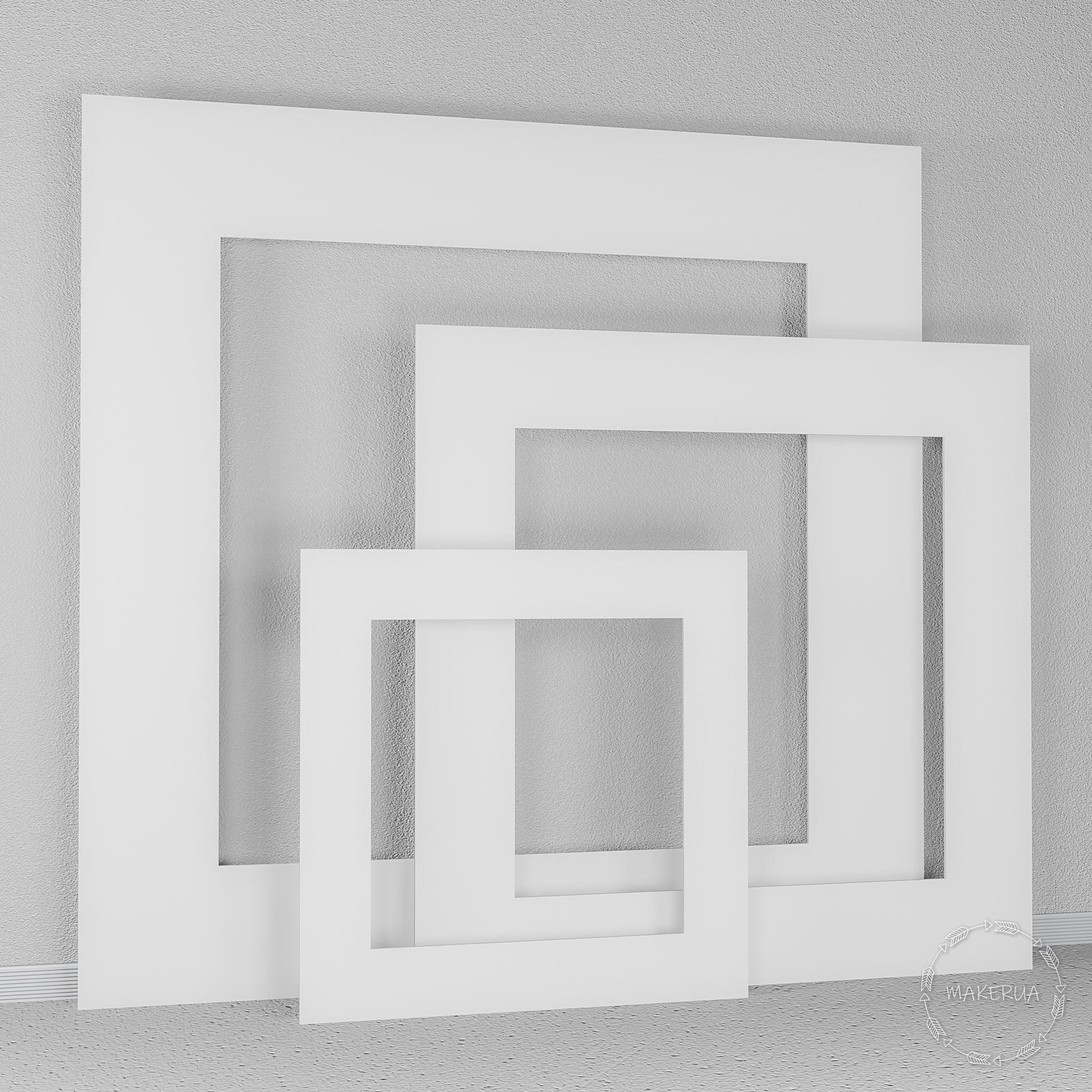 Set of three thick white wooden square open frames. Minimalist geometric backdrop for modern weddings, bridal showers, and party photo zones.
