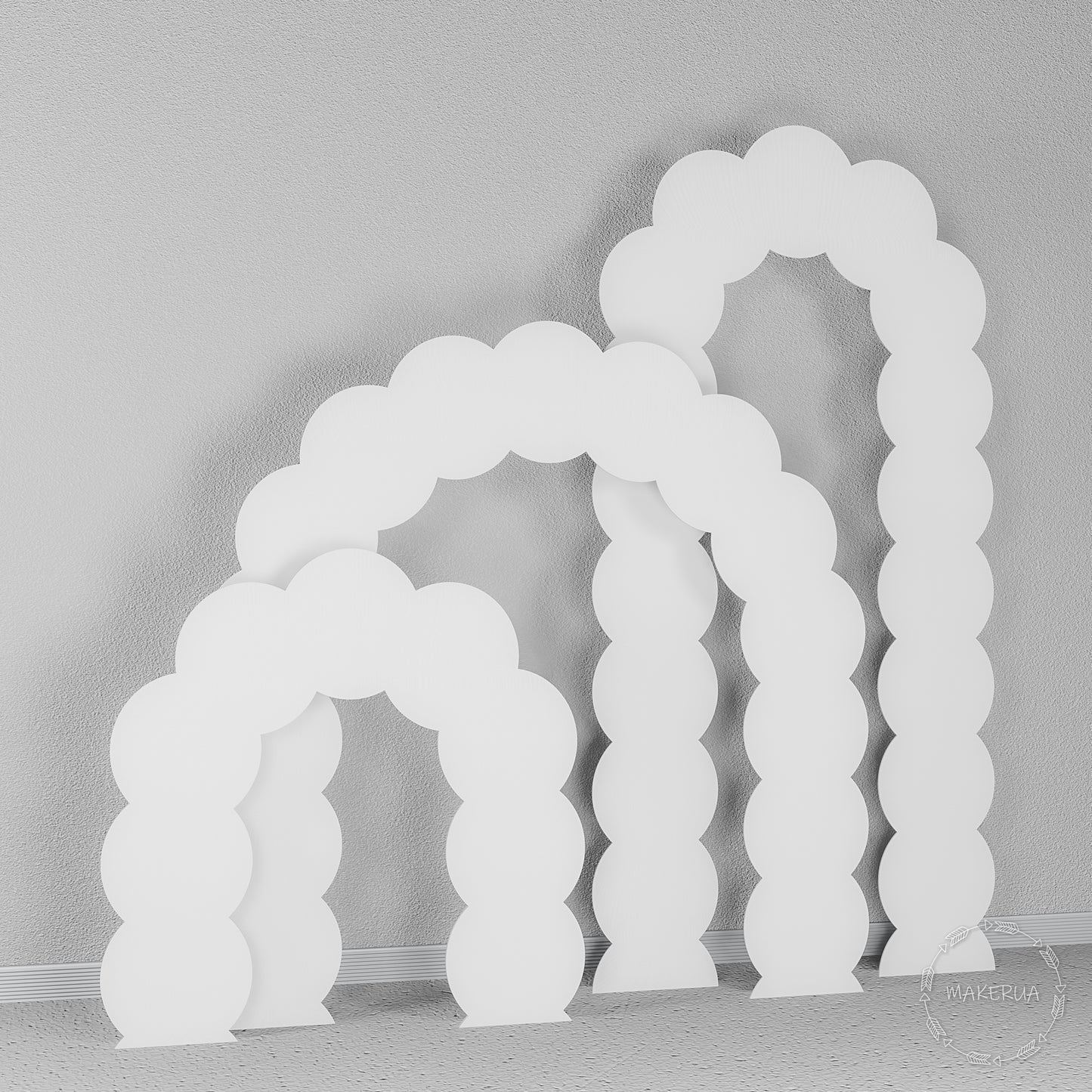 Set of three white arches featuring a playful wavy, scalloped edge design. Cloud-like backdrop for whimsical baby showers and children's birthdays.