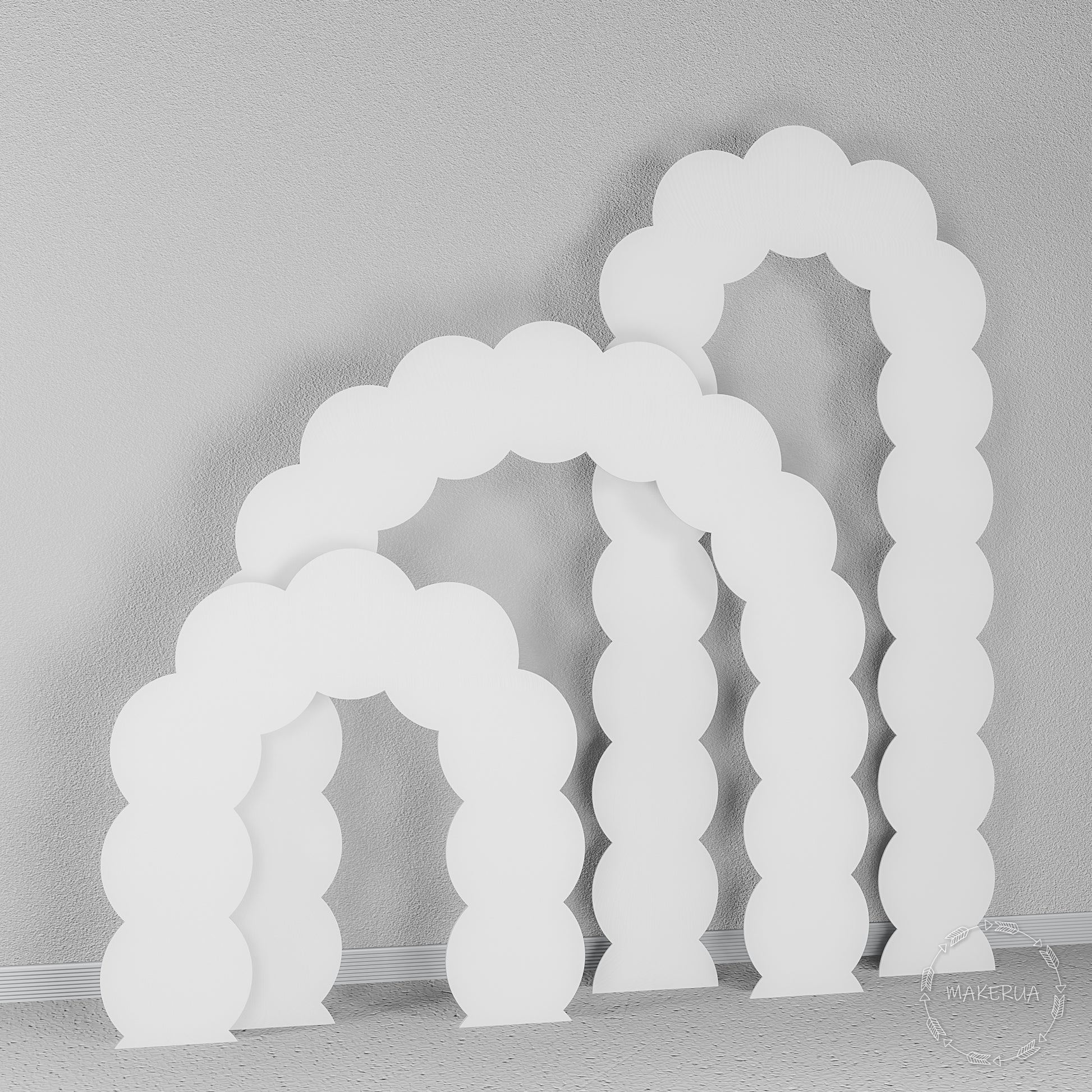 Set of three white arches featuring a playful wavy, scalloped edge design. Cloud-like backdrop for whimsical baby showers and children's birthdays.