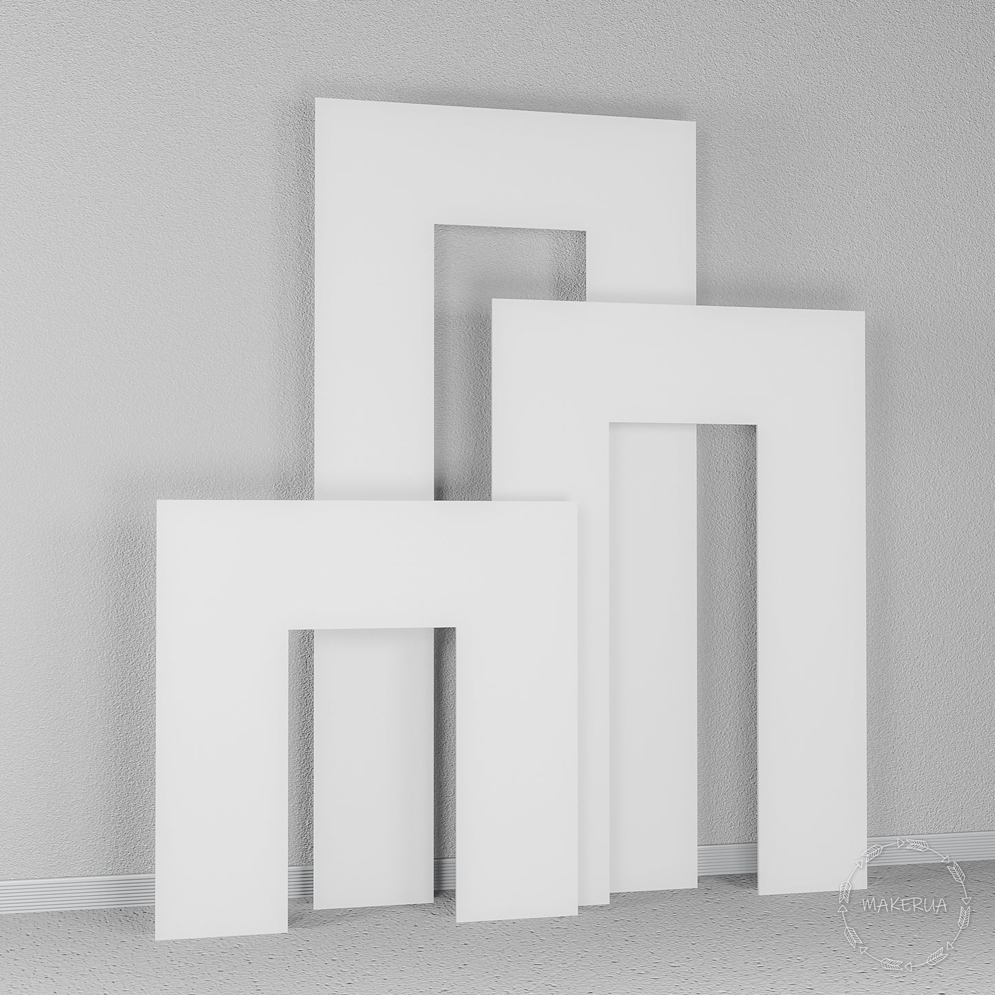 Set of three white rectangular geometric arches. Modern minimalist backdrop for wedding ceremonies, photo booths, and event decorations.
