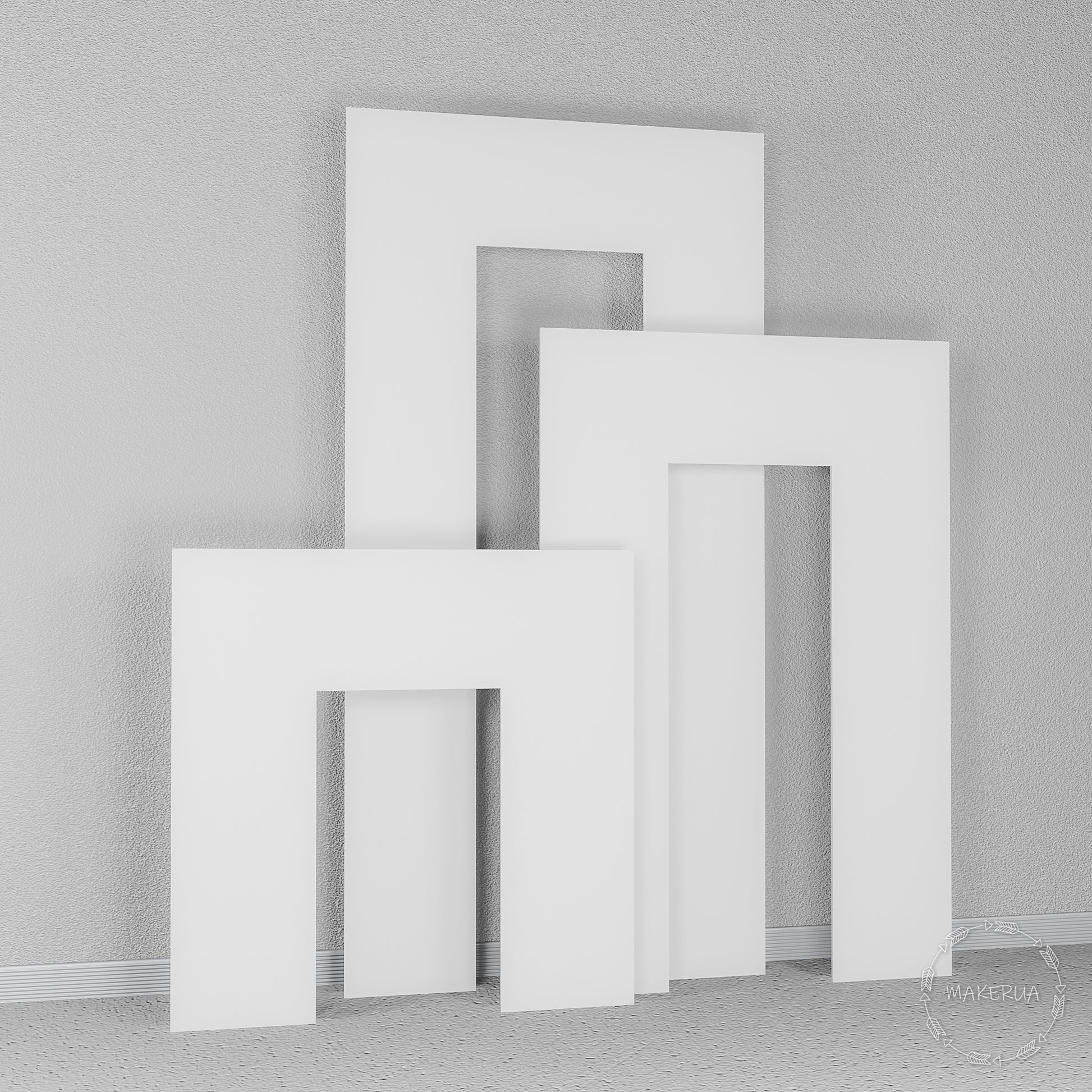 Set of three white rectangular geometric arches. Modern minimalist backdrop for wedding ceremonies, photo booths, and event decorations.