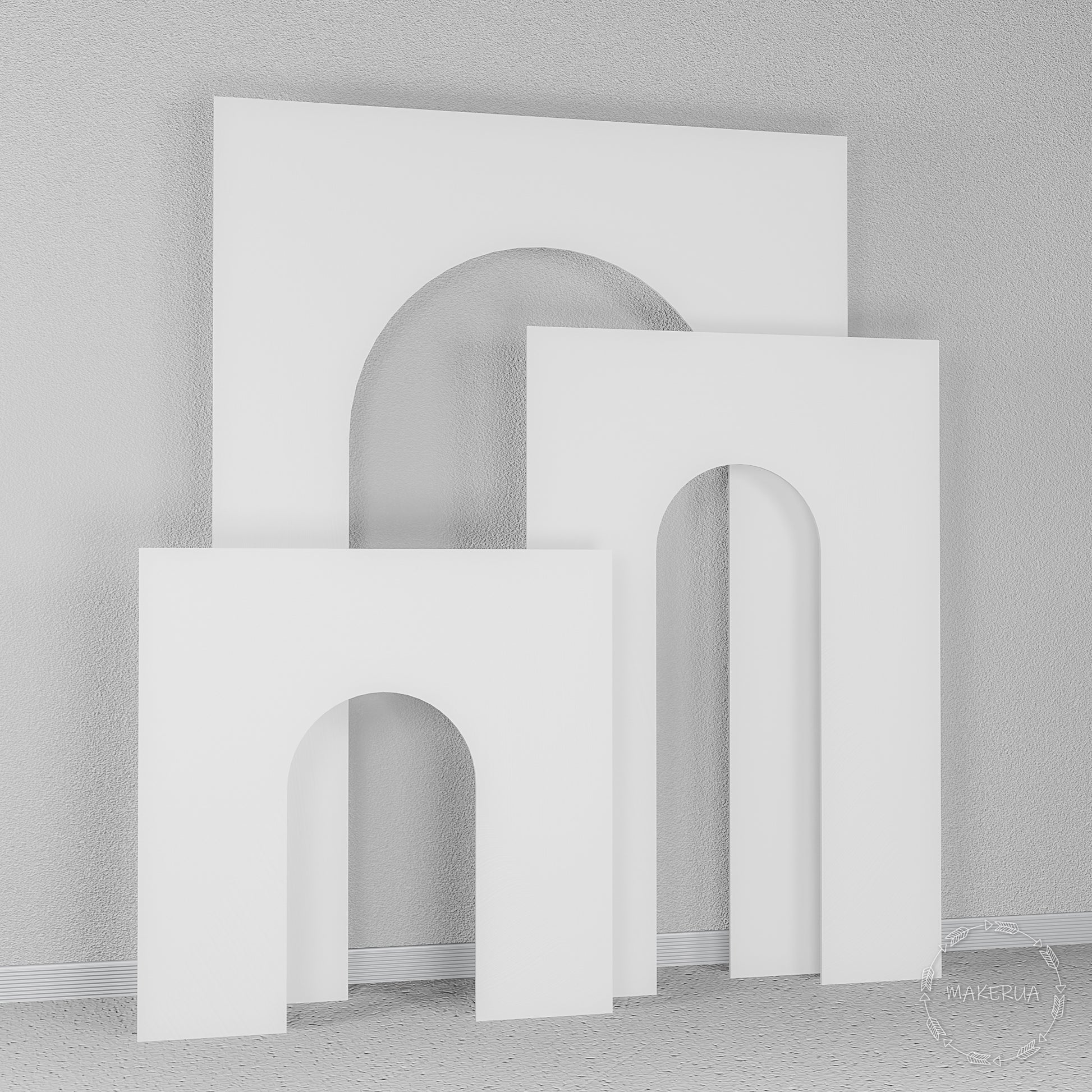 Set of three white solid rectangular panels with classic arch cutouts. Architectural style backdrop for elegant event styling and photo shoots.