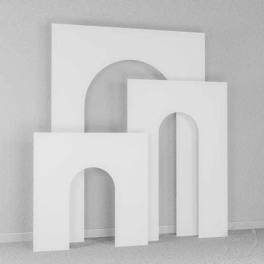 Set of three white solid rectangular panels with classic arch cutouts. Architectural style backdrop for elegant event styling and photo shoots.