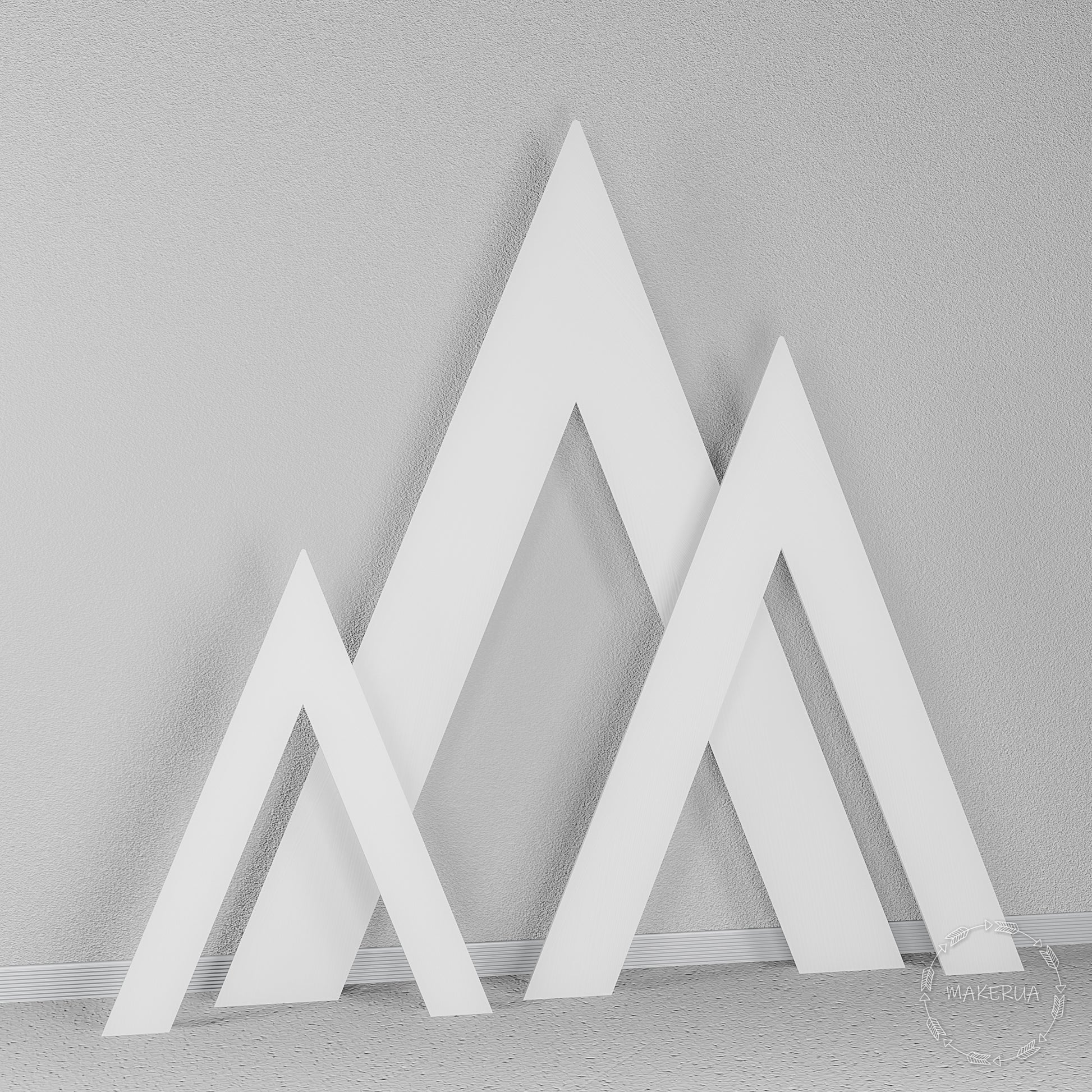 Set of three white solid triangular peak panels. Modern geometric A-frame backdrop for boho weddings, woodland parties, and event decor.