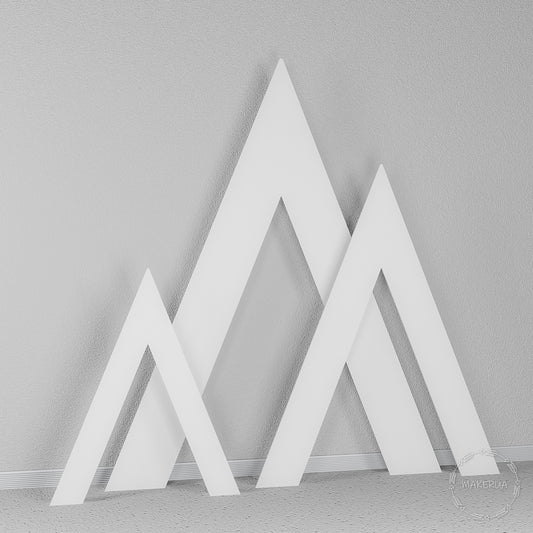Set of three white solid triangular peak panels. Modern geometric A-frame backdrop for boho weddings, woodland parties, and event decor.