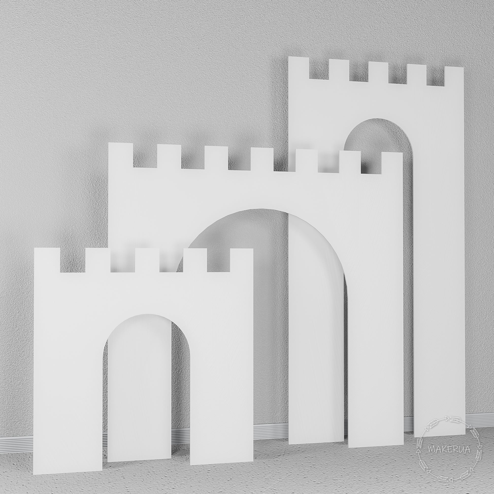 Set of three white wooden castle silhouette panels with classic battlements. Perfect fairytale backdrop for kids birthday parties and princess themes.