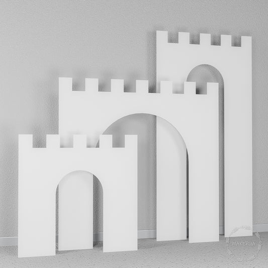 Set of three white wooden castle silhouette panels with classic battlements. Perfect fairytale backdrop for kids birthday parties and princess themes.