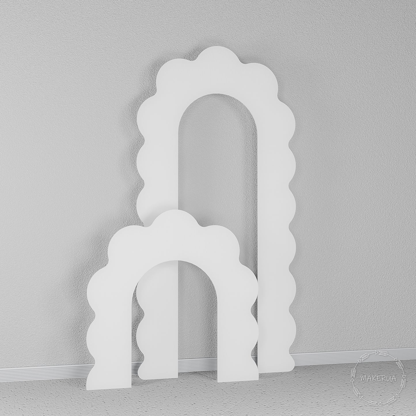 Set of two white wooden open arches with playful wavy scalloped edges. Whimsical frame backdrop perfect for baby showers, kids birthdays, and balloon garland displays.