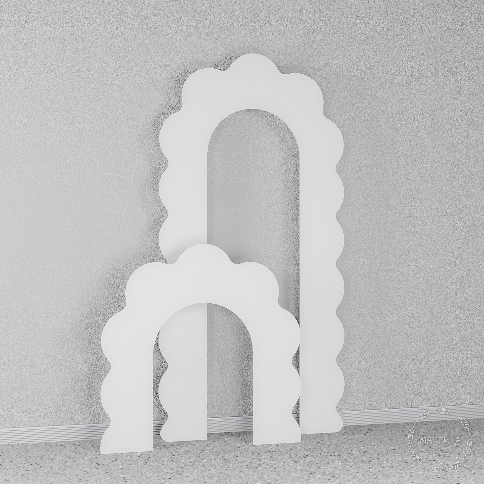 Set of two white wooden open arches with playful wavy scalloped edges. Whimsical frame backdrop perfect for baby showers, kids birthdays, and balloon garland displays.