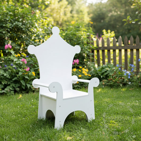 Simple white wooden kids party chair with a solid minimalist crown-shaped backrest. Photographed outdoors on green grass in a summer garden setting. Versatile seating photo prop for outdoor birthdays and children's events.