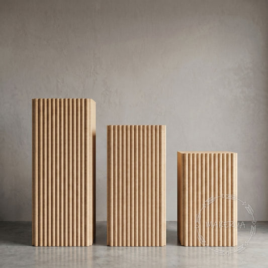 Three square ripple plinth wooden textured columns against a gray background for birthday party props shop event photo booth wedding table stand expositor custom made