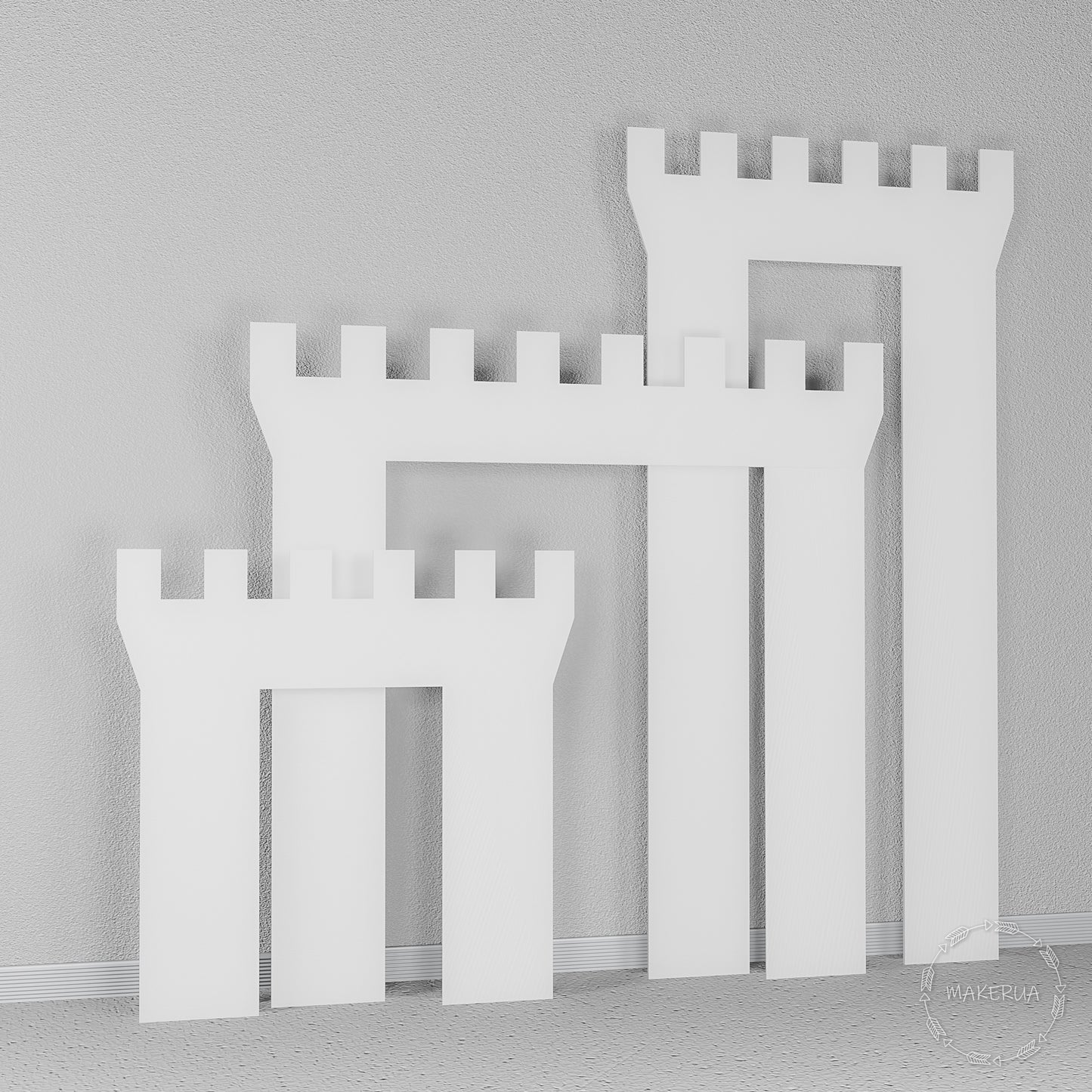 White wooden castle wall backdrop with detailed tower battlements. Large fairytale photo booth prop for royal themed parties and events.