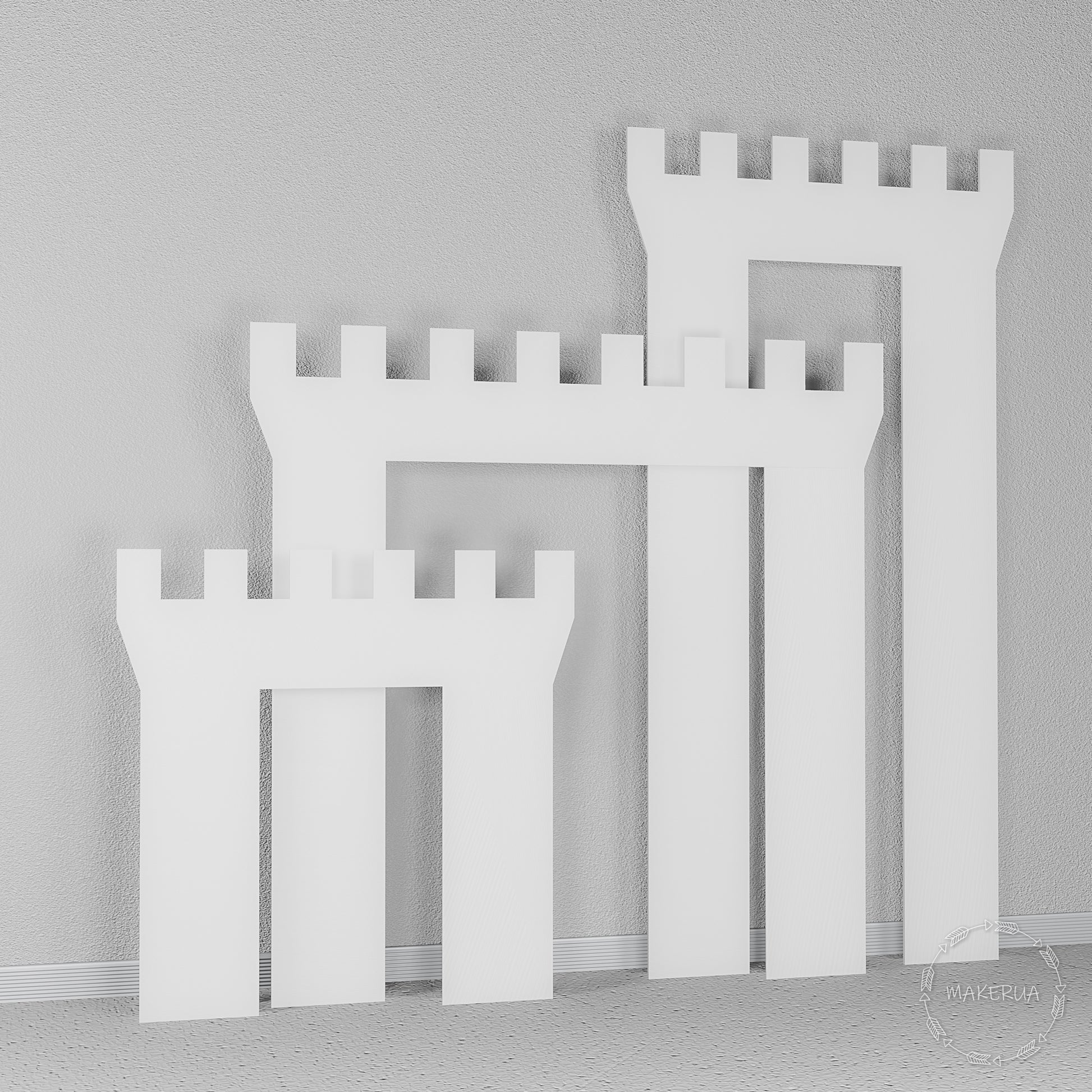 White wooden castle wall backdrop with detailed tower battlements. Large fairytale photo booth prop for royal themed parties and events.