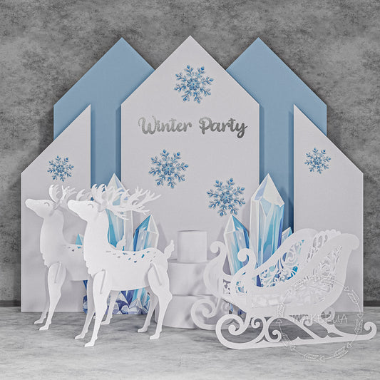 Set Winter Wonderland Backdrop Reindeer Sleigh Cake Stand Winter Party Decor Kids Photo Zone Frozen Decorations Christmas cutout booth prop