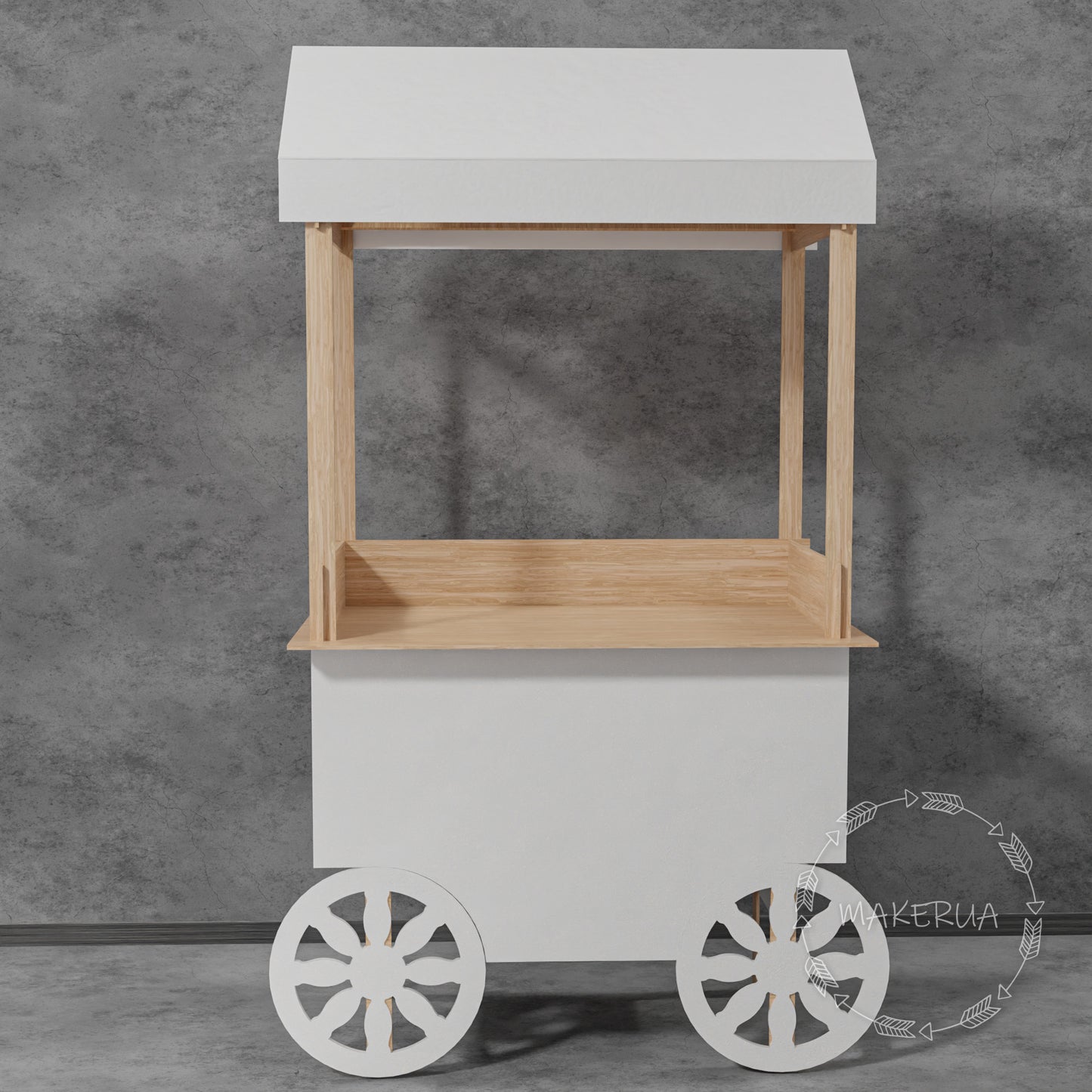 White Wooden Cart stand display wedding birthday product display stand food catering event festival christmas market wheels bar party decor