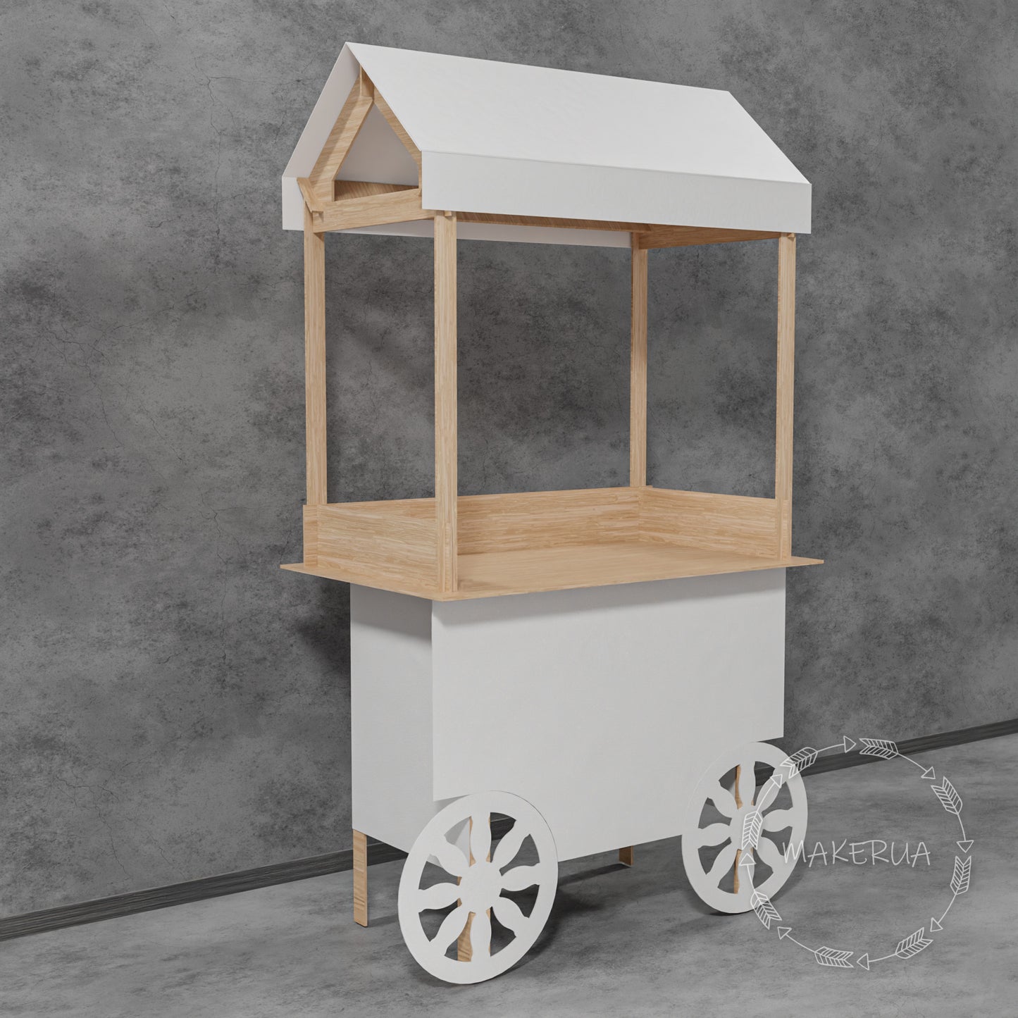 White Wooden Cart stand display wedding birthday product display stand food catering event festival christmas market wheels bar party decor