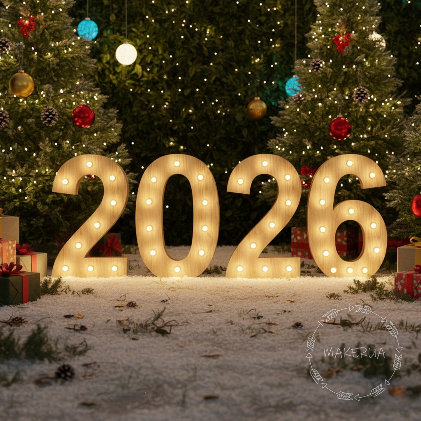 Numbers 2026 with LED Bulbs for New Year and Christmas Decorations 1m (3.3ft) rustic wooden style