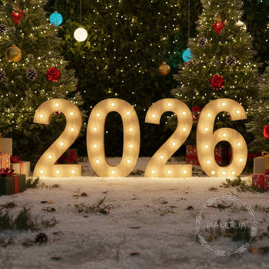 Numbers 2026 with LED Bulbs for New Year and Christmas Decorations 1m (3.3ft) rustic wooden style