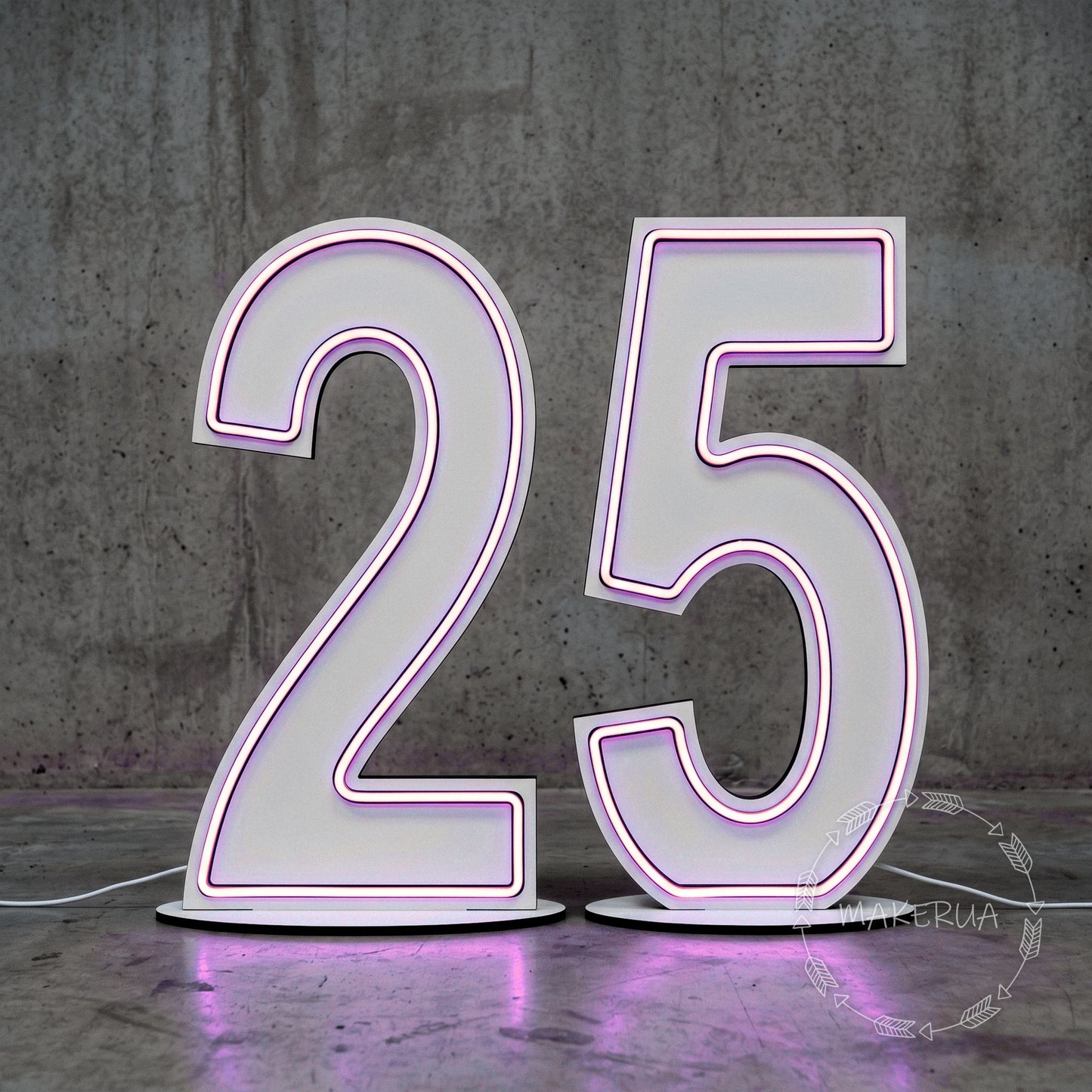 Giant freestanding white wooden numbers 25 with glowing purple RGB LED lighting built into the face, sitting on a concrete floor.