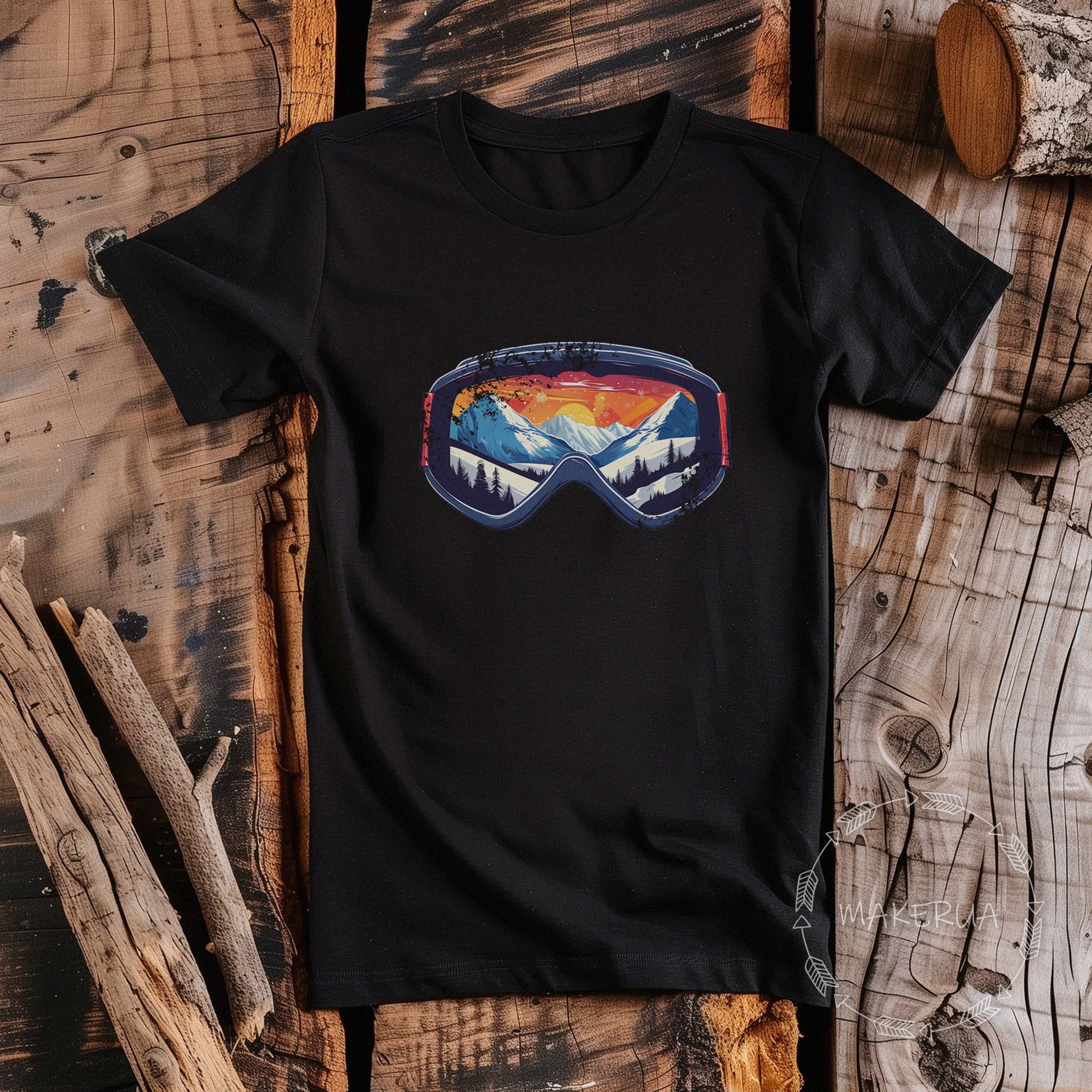 black T-shirt ski snowboard snow mountain patent sunset