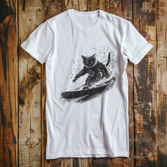black T-shirt ski snowboard snow mountain patent sunset ride cat