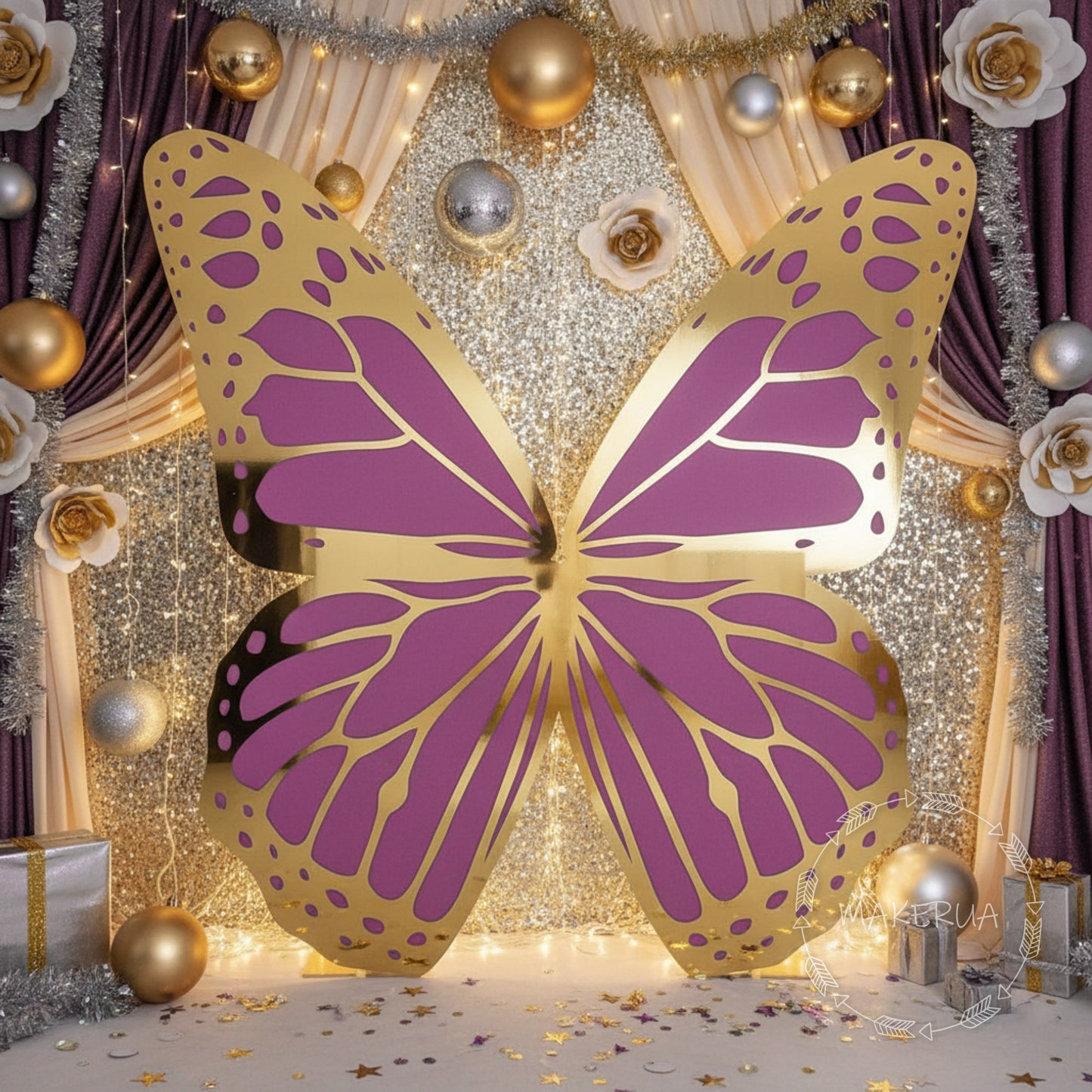 Decorative giant huge large butterfly backdrop with gold and purple wings on a festive background with lights and flowers for princess birthday party.