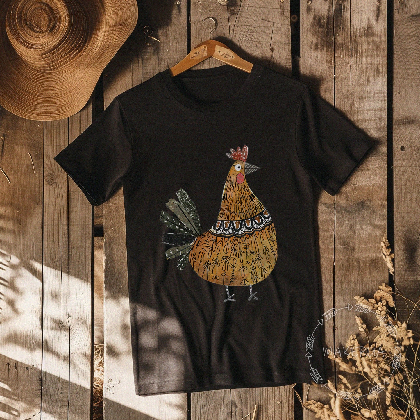 Black t-shirt with chicken hen breed cochin orpington silkie nature garden farm house print