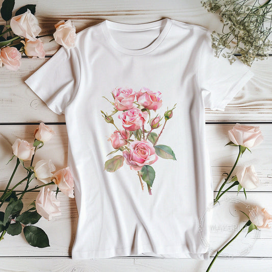 White t-shirt with rose flower floral nature garden farm red white climbing wildflowers print