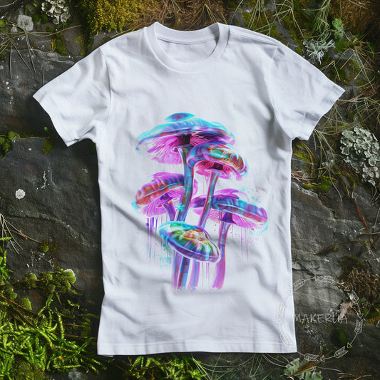 White t-shirt with mushroom fungi psychedelic hippie neon nature trippy farm vintage print