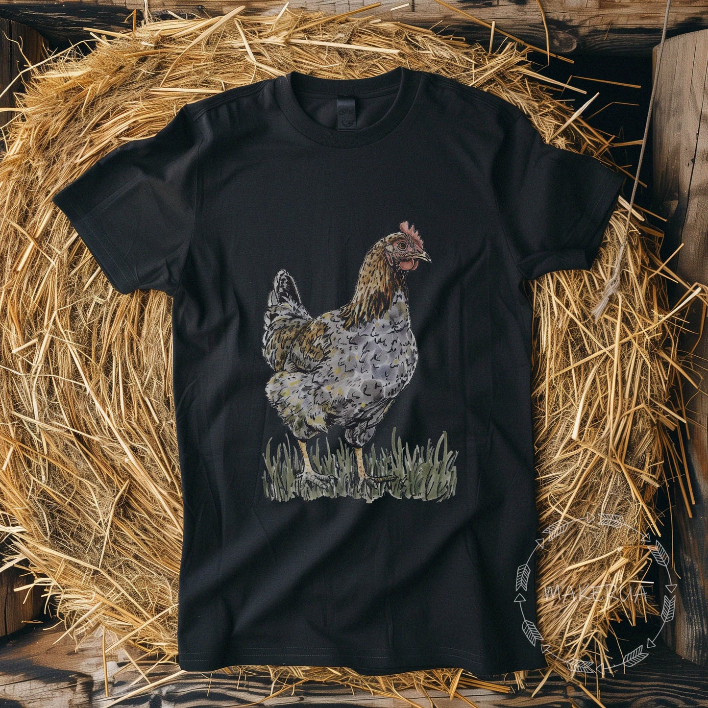 Black t-shirt with chicken hen breed cochin orpington silkie rustic garden farm house print