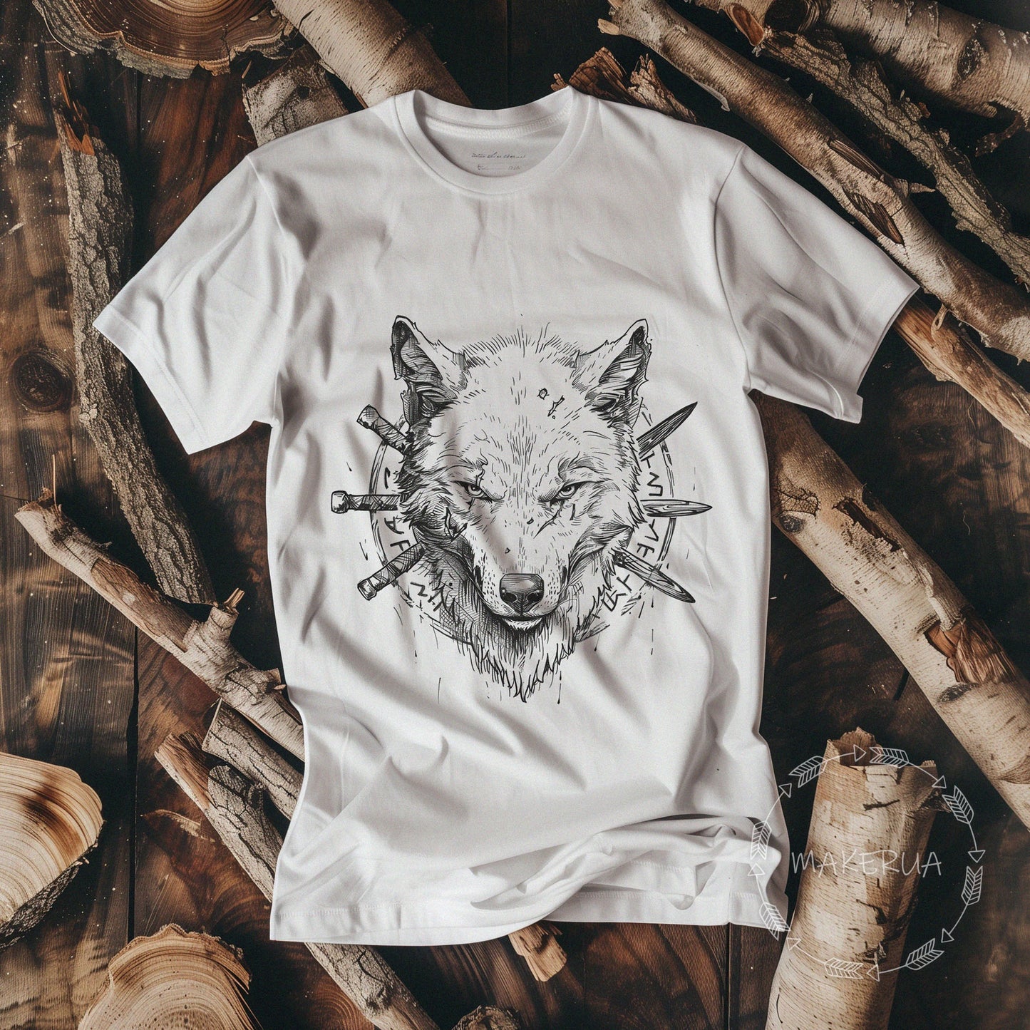 White t-shirt with viking vintage mythology symbols spiritual warrior runes norse celtic print