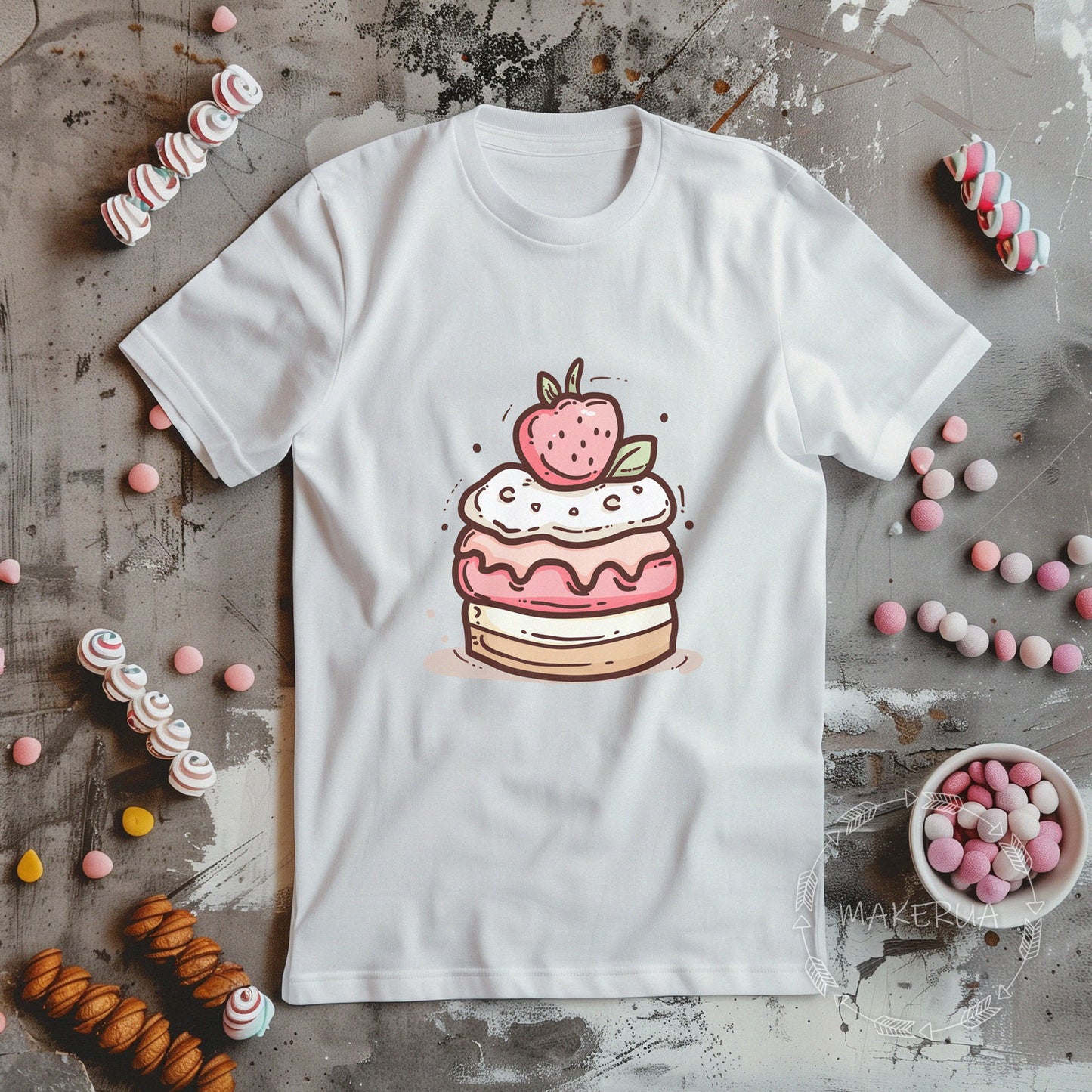 White t-shirt with sweet cake cupcake ice cream chocolate candy bar cotton birthday print