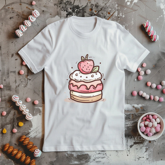 White t-shirt with sweet cake cupcake ice cream chocolate candy bar cotton birthday print