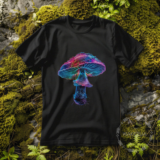 Black t-shirt with mushroom fungi psychedelic hippie nature neon trippy vintage print