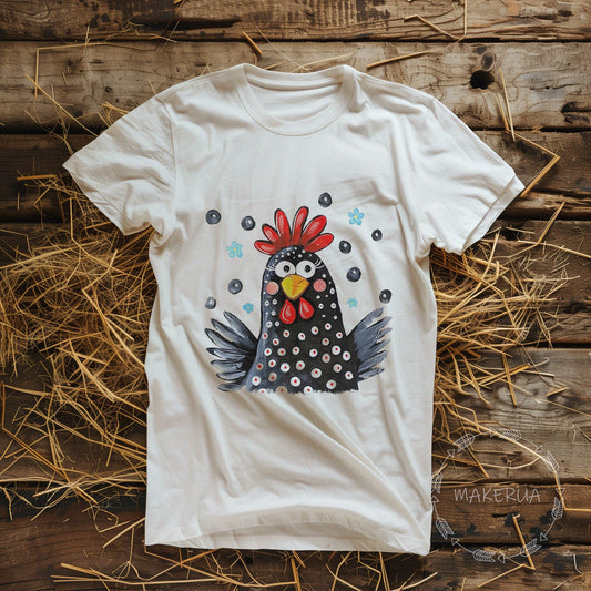 White t-shirt with chicken hen breed cochin orpington silkie cute garden farm house print